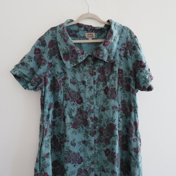 FLAX 100% Linen Floral Gauzy Shirt Dress Lagenlook Feminine Boho - Size L - Picture 3 of 15
